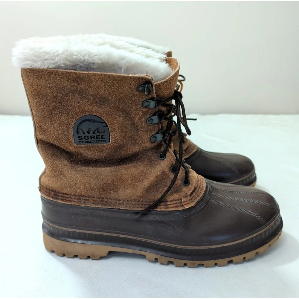 Sorel Kaufman Caribou Winter Boots Men 11 Brown Fur Lined Waterproof Steel Shank